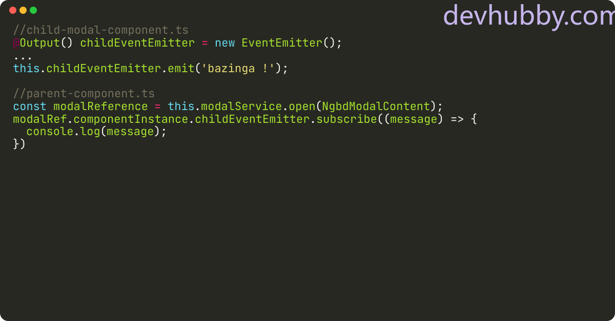 How to catch events emitted from a modal child component to a parent