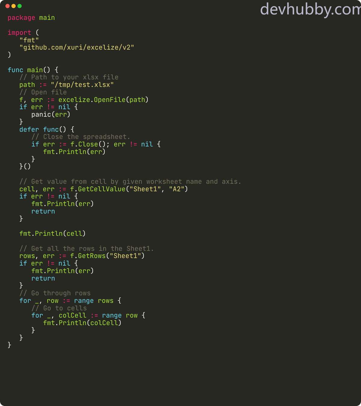 How to read xlsx file in golang?