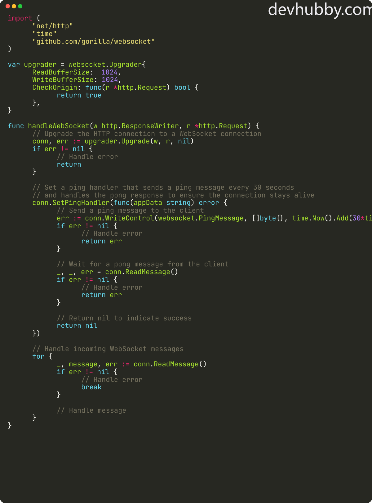 How to keep connection alive in Golang websocket?