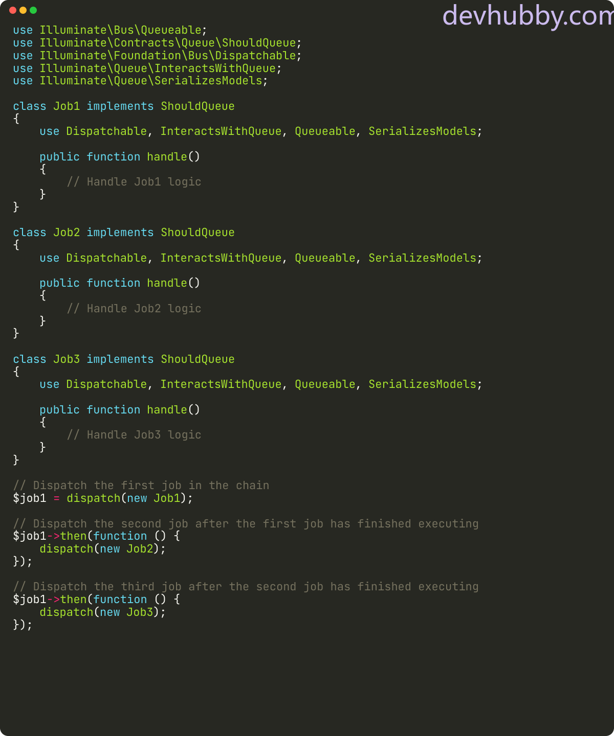 How to chain bus::chain() in laravel?